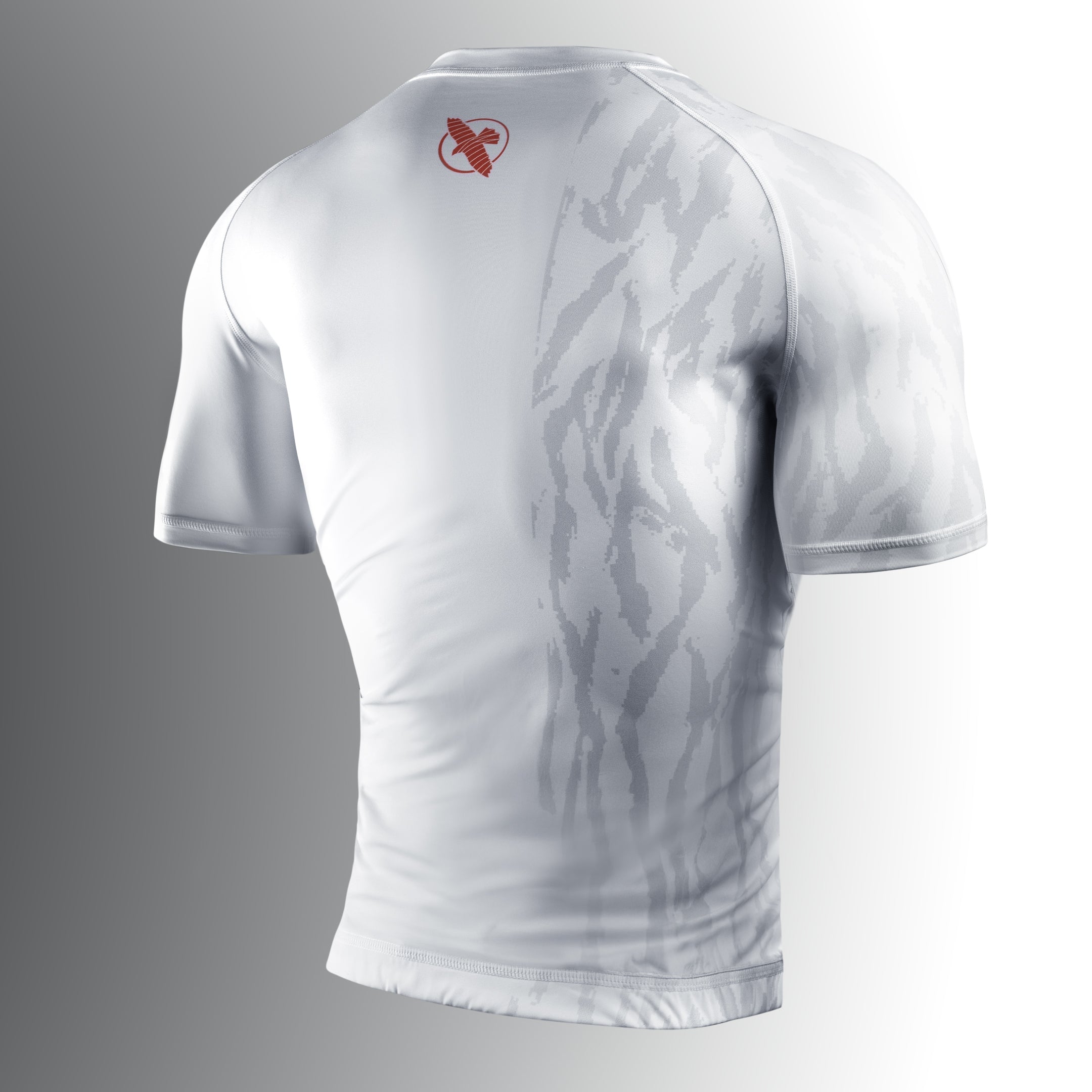 Vista posteriore della rash guard Hayabusa Apex bianca da compressione