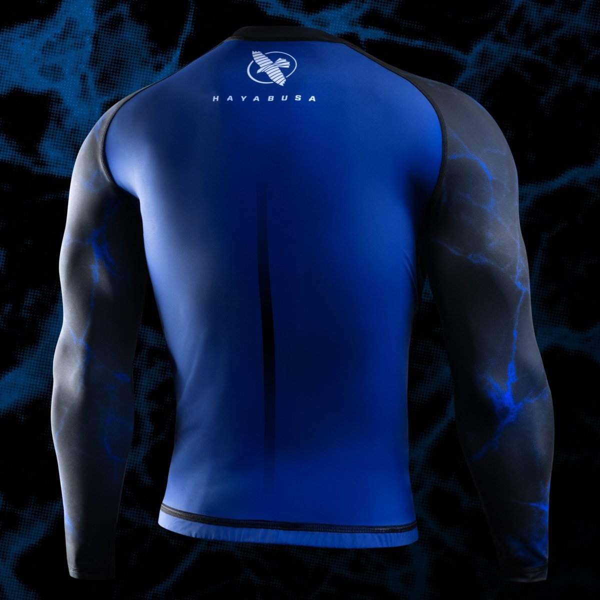 Rear view of the black and blue UFC BJJ rash guard, showing the ergonomic compression cut