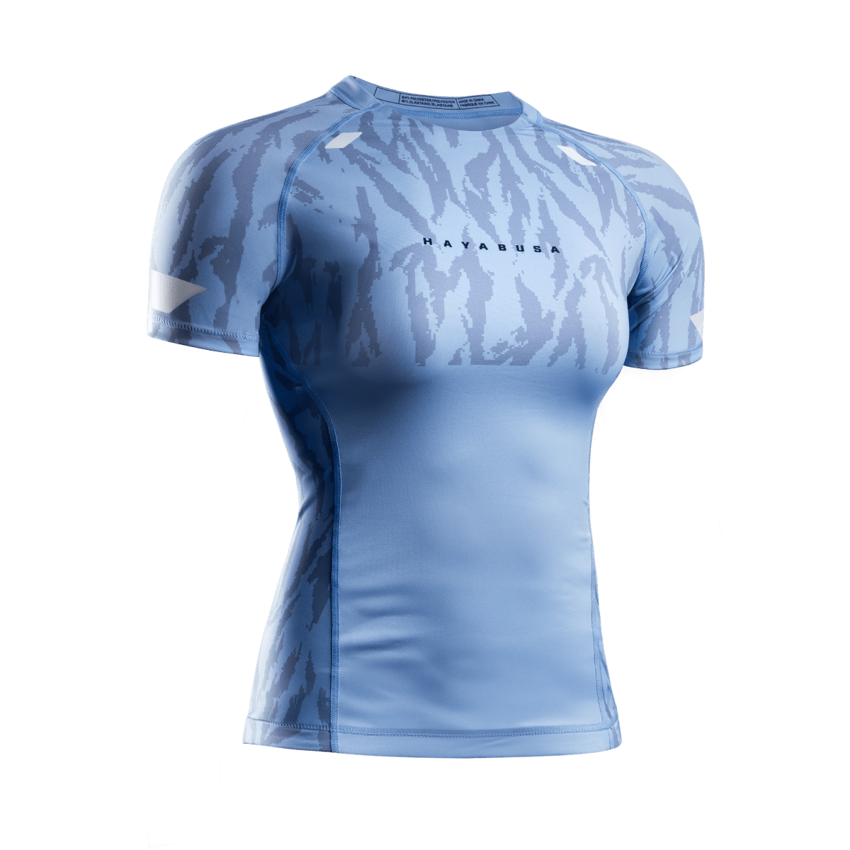 Framifrån av den ljusblå Hayabusa Apex rashguard för kvinnor, graderad kompression för kvinnliga idrottare