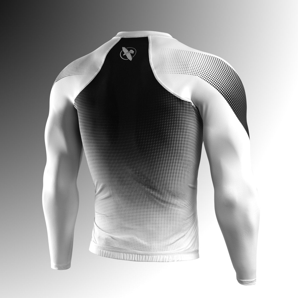 Back view of the white Hayabusa Pro Ranked rashguard, long sleeve stretch panels