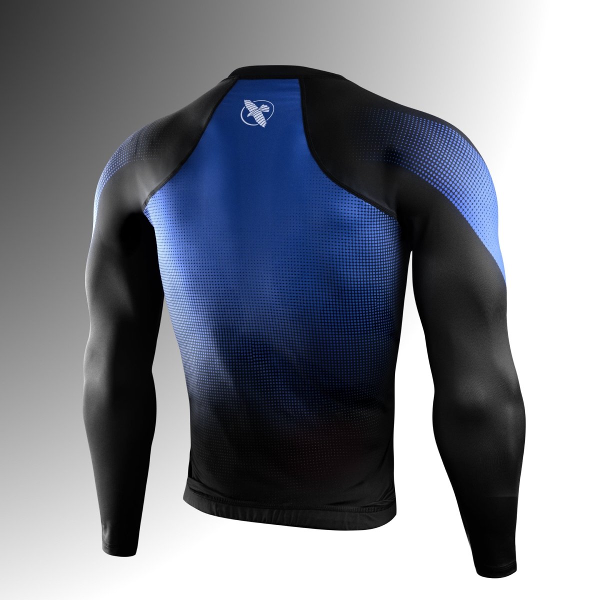 Rear view of the blue Hayabusa Pro Ranked rashguard, reinforced flatlock stitching