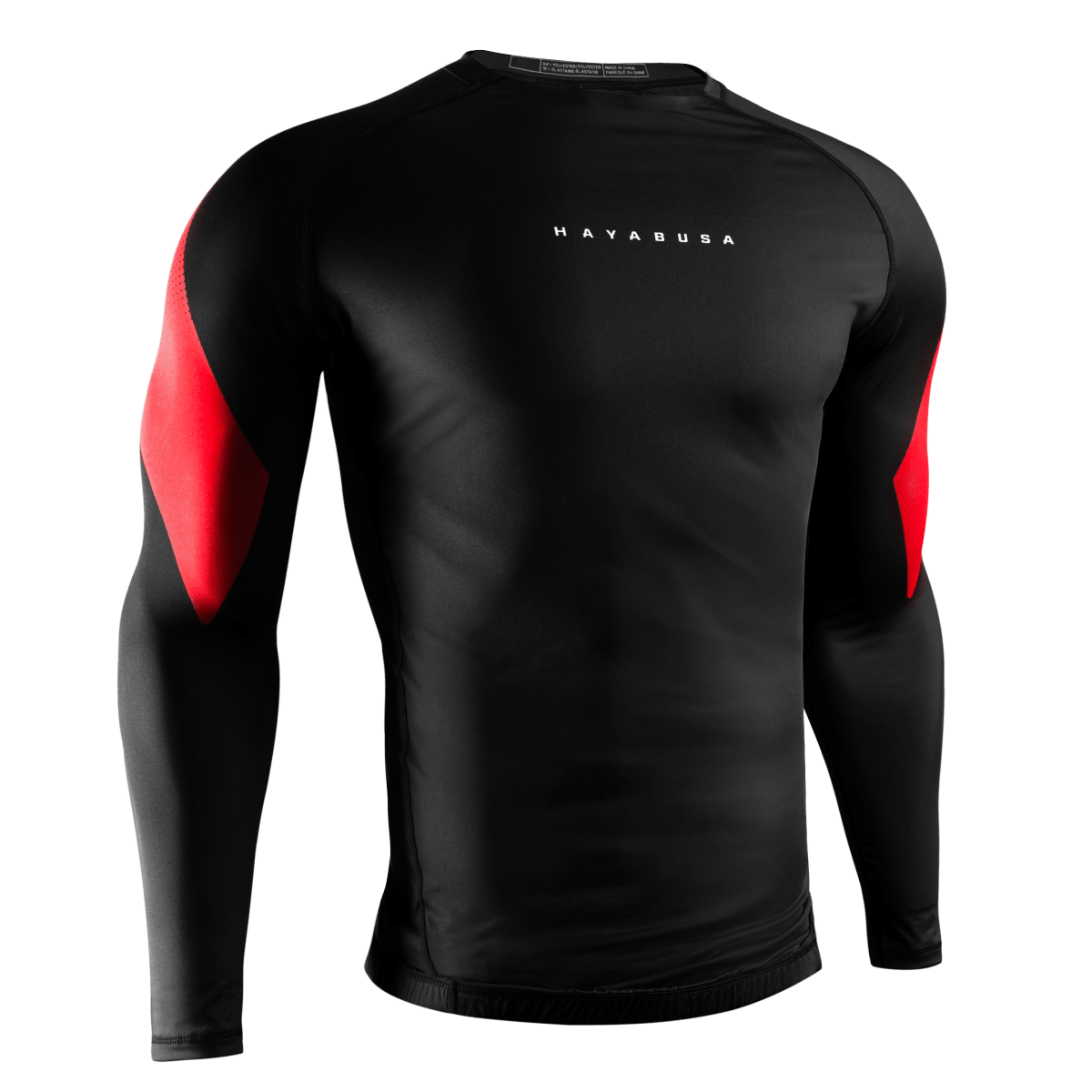 Front view of the black Hayabusa Pro Ranked rashguard, elite fit for black belts