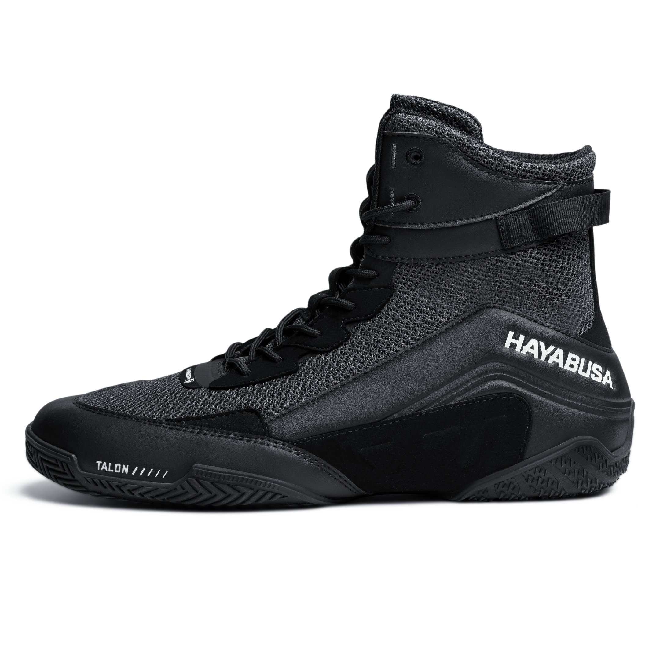 Dettaglio dei materiali in pelle microfibra e mesh delle scarpe Hayabusa Talon nere