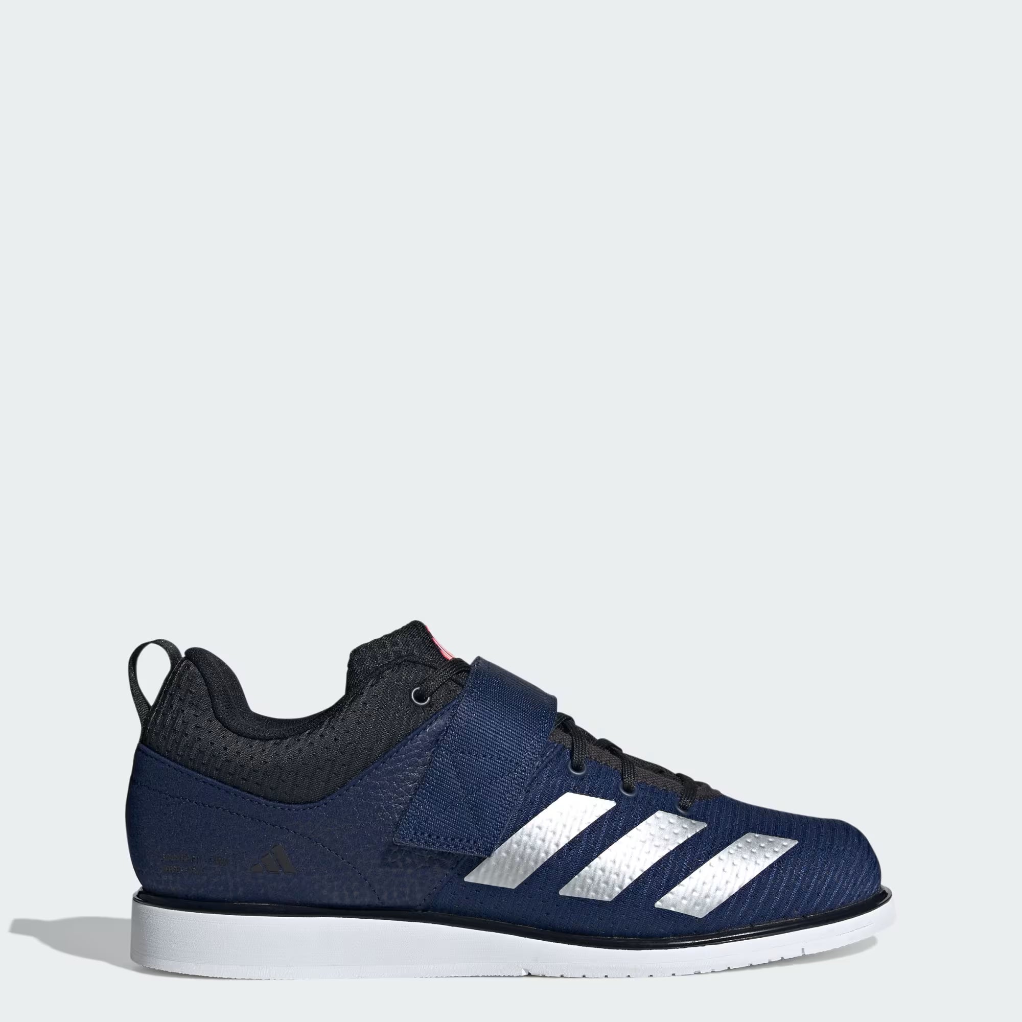 Vista singola laterale scarpa Powerlift 5 blu, chiusura combinata strappo e lacci