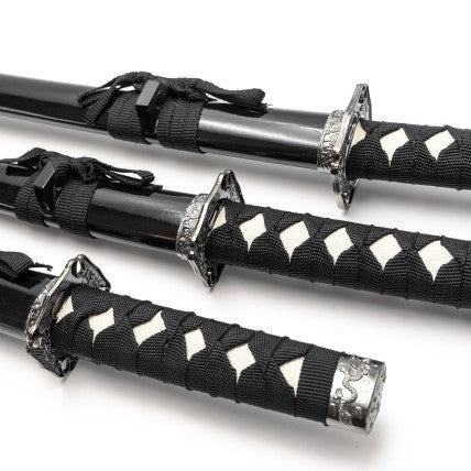 Set of 3 Black Decorative Katanas with Stand