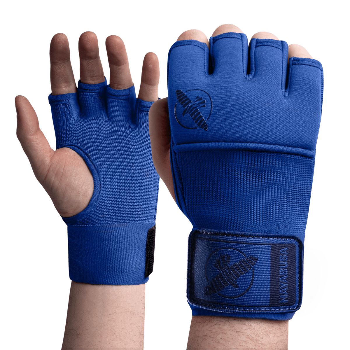 Front view of the blue Hayabusa Deluxe Quick Wraps combat sports undergloves