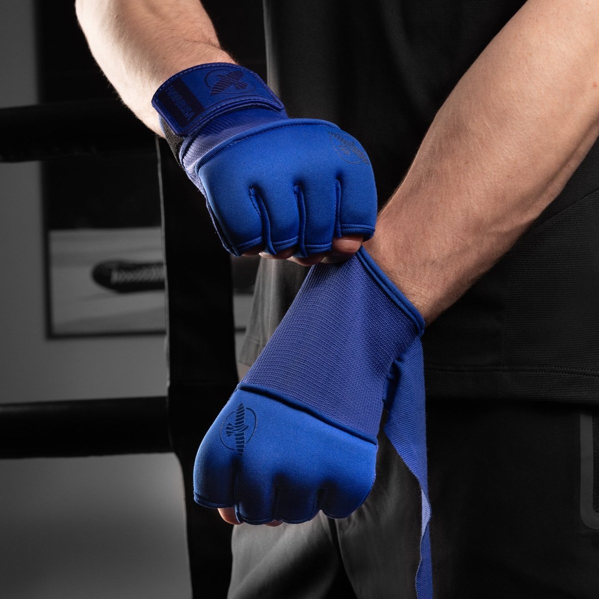 Detail of the blue Hayabusa undergloves worn to protect the knuckles and wrist