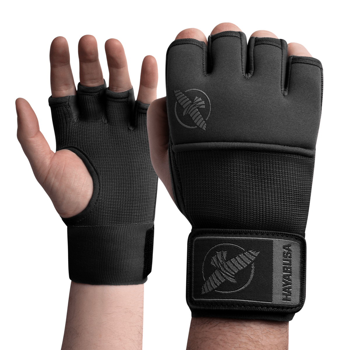 Front view of the professional Hayabusa Deluxe Quick Wraps black undergloves