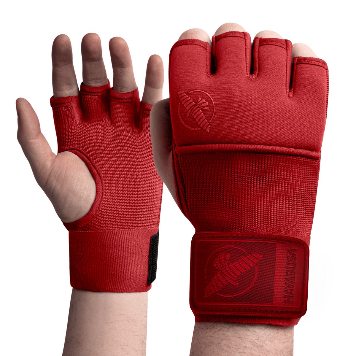 Front view of the red Hayabusa Deluxe Quick Wraps with gel padding
