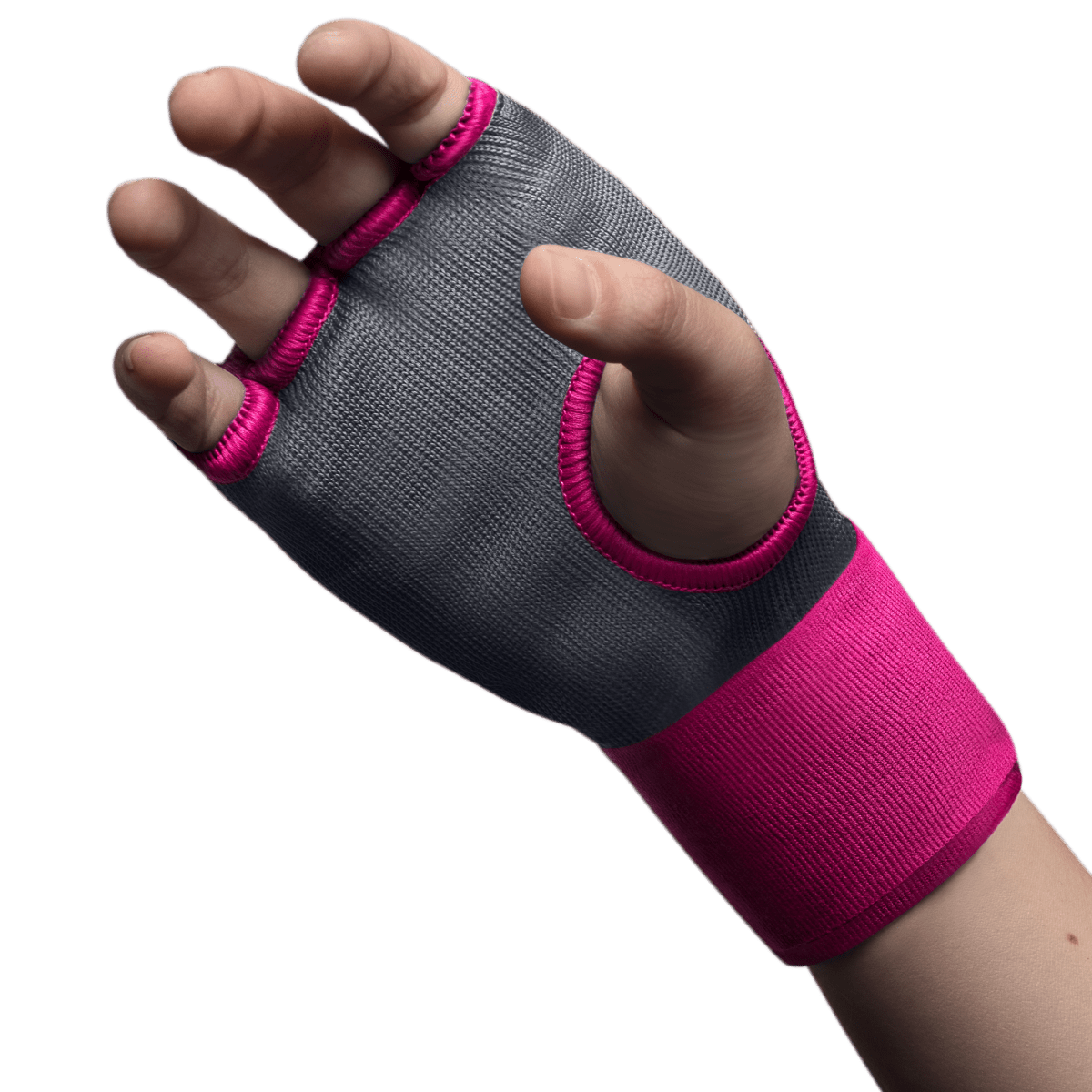 Close-up detail of the gel-padded knuckles of the worn pink Hayabusa glove