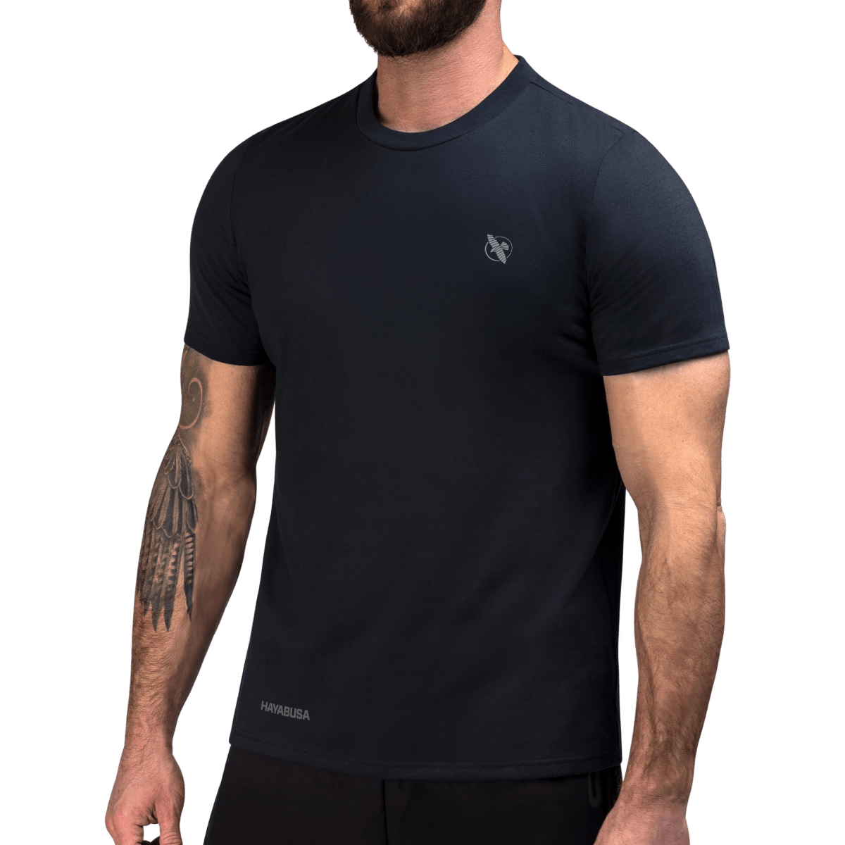 Front view of the midnight blue Hayabusa Essential T-shirt with matte silicone print