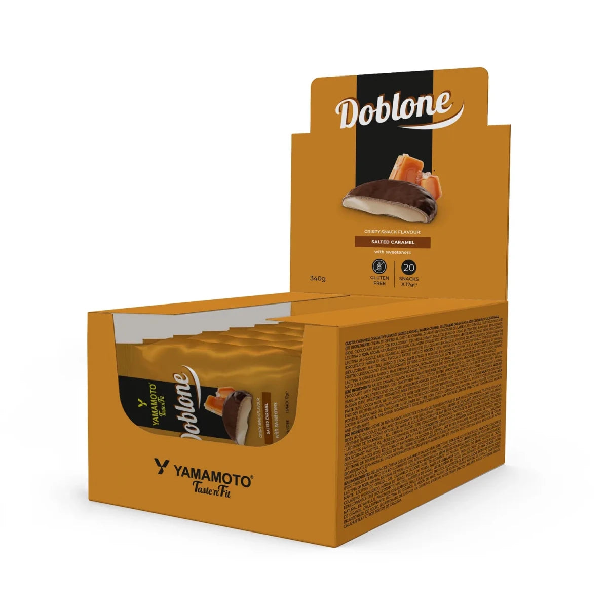 Displayverpakking met 20 Doblone-koekjes, gezouten-karamelsmaak met romige kern